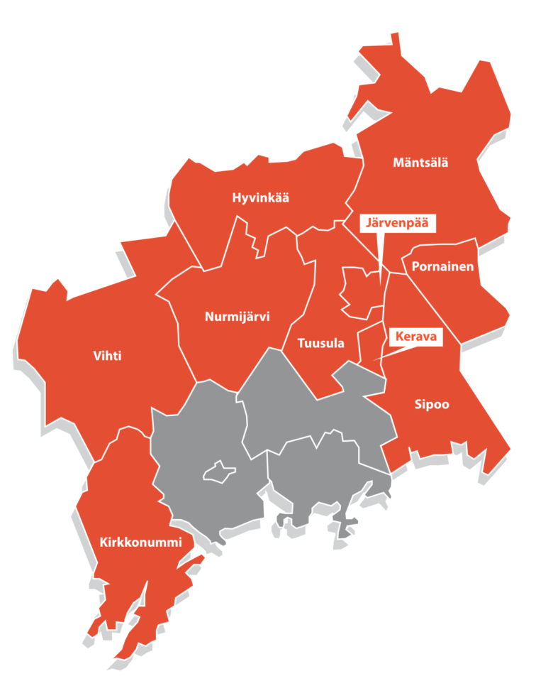 KUUMA-seudun kunnat kuvattuna kartassa oranssilla. Kunnat ympäröivät harmaalla merkittyjä kaupunkeja Helsinki, Espoo, Vantaa ja Kauniainen.